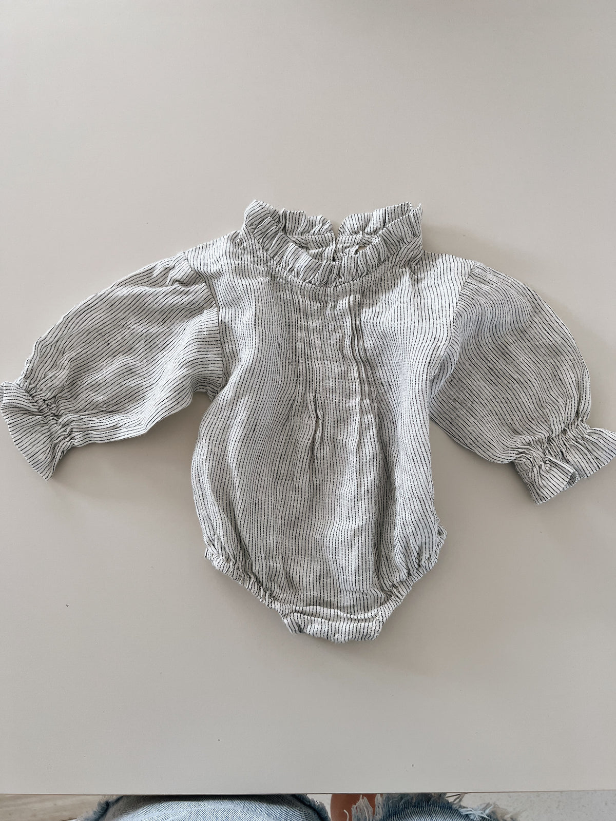 Jean romper in beach stripe 0-3 months (sample sale)